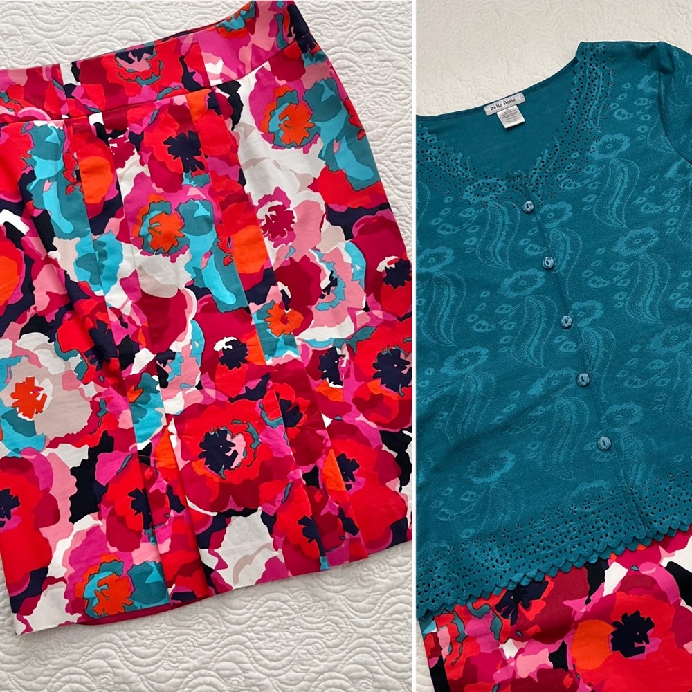 Rafaella Skirt Size 10 Midi Straight Colorful Floral and Belle Amie Shirt PM